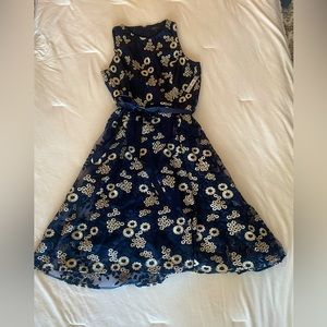 Tahari Navy with silver brocade flowers dress
